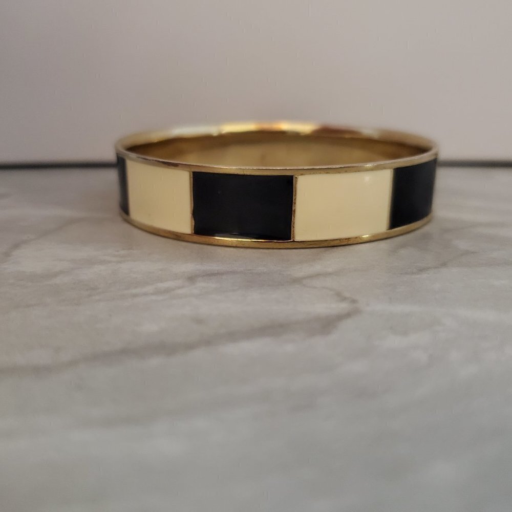 💕 Vintage 90s 1990s J.Crew Black Cream Striped Enamel Bangle Bracelet 💕 - Picture 4 of 12